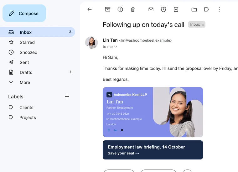 The builder's preview: an email open in Gmail, signed with a signature made in the builder.